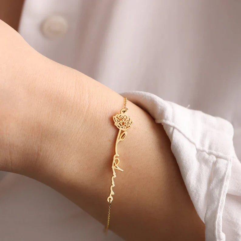 Birth Flower Signature Name Bracelet