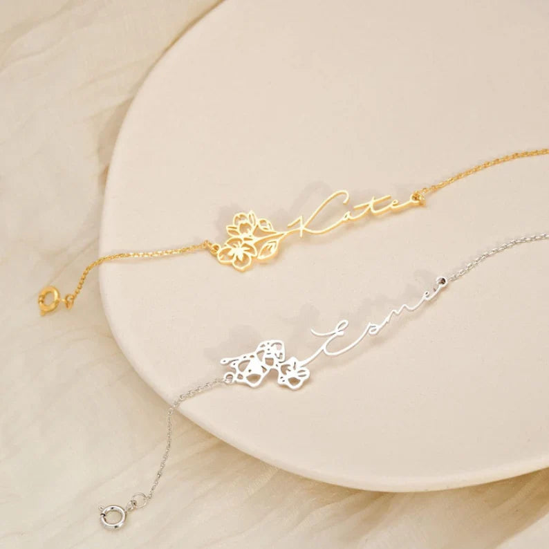 Birth Flower Signature Name Bracelet